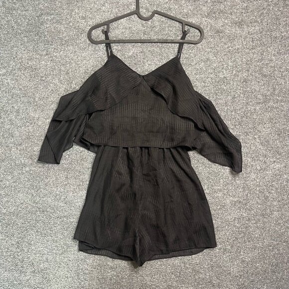 Leith Womens Romper Black Geometric Stripe Cold Shoulder V Neck Tie Front S - Picture 3 of 5